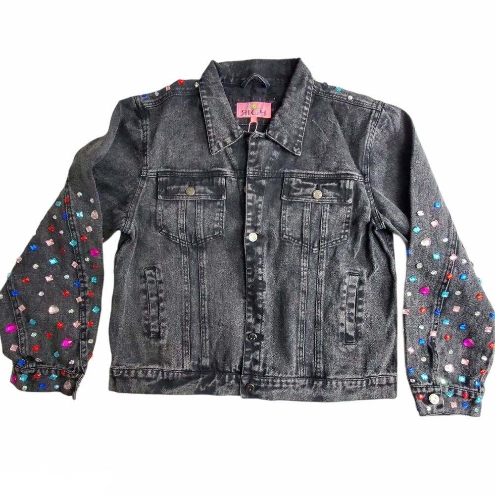 Rock Glam Rhinestone Studded Black Denim Jacket Bedazzled Vintage Size 10 - Picture 3 of 15